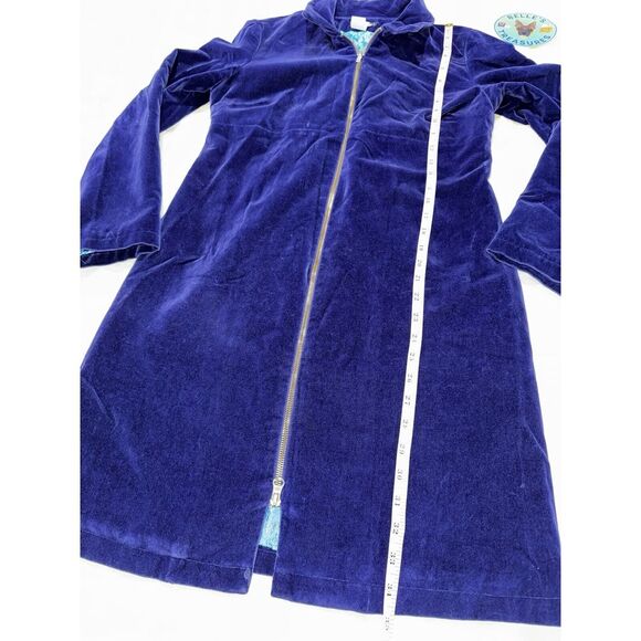 Anthropologie Small 34" Blue Navy Full Length Zip‎ Velvet Coat Jacket Lace Inlay - Picture 4 of 10